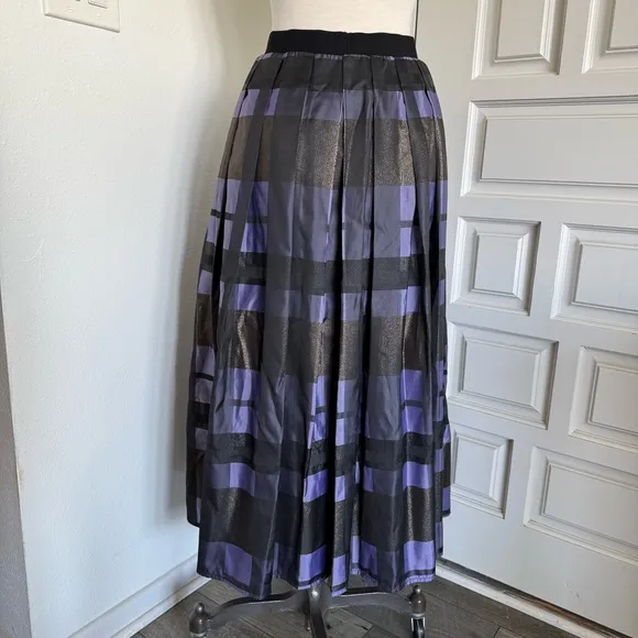 Joan Rivers Midi Skirt Purple Black Metallic Pockets Plaid Size Medium