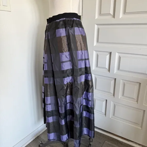 Joan Rivers Midi Skirt Purple Black Metallic Pockets Plaid Size Medium