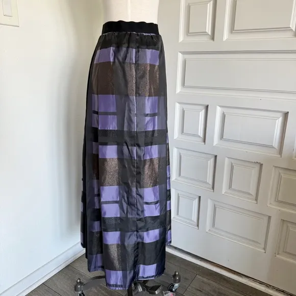Joan Rivers Midi Skirt Purple Black Metallic Pockets Plaid Size Medium