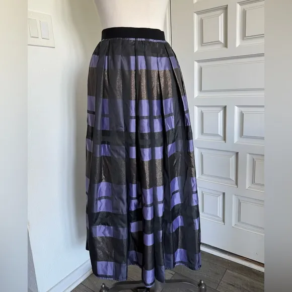 Joan Rivers Midi Skirt Purple Black Metallic Pockets Plaid Size Medium