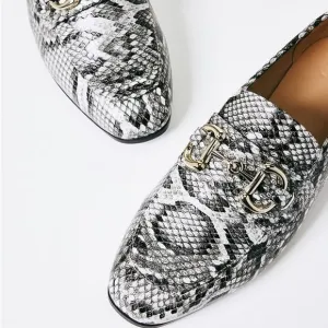 •Johanna• Snake Print Gold Buckle Slip On Loafers