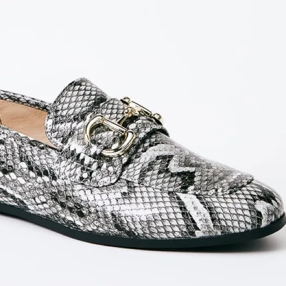 •Johanna• Snake Print Gold Buckle Slip On Loafers