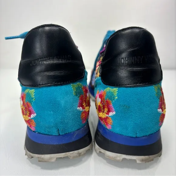 Johnny Was Keya Colorful Embroidered Leather Suede Lace Up Sneakers Size 8.5