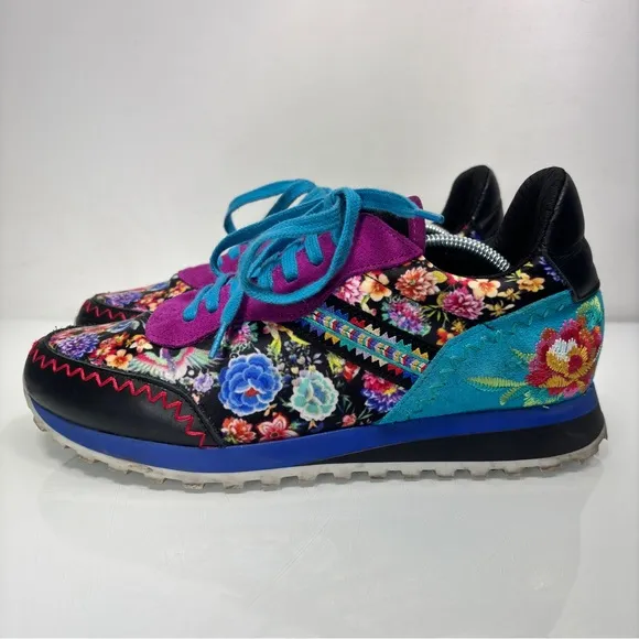 Johnny Was Keya Colorful Embroidered Leather Suede Lace Up Sneakers Size 8.5