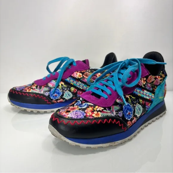 Johnny Was Keya Colorful Embroidered Leather Suede Lace Up Sneakers Size 8.5