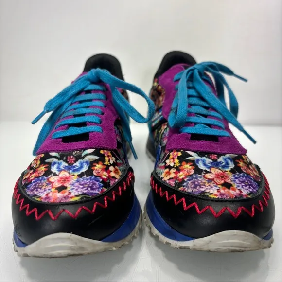Johnny Was Keya Colorful Embroidered Leather Suede Lace Up Sneakers Size 8.5