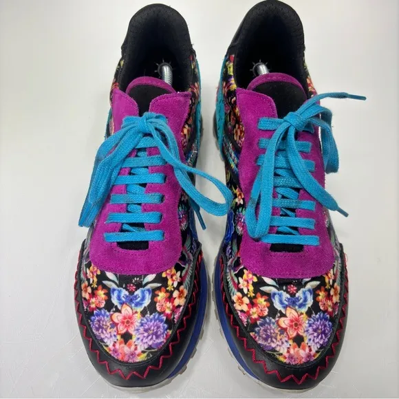 Johnny Was Keya Colorful Embroidered Leather Suede Lace Up Sneakers Size 8.5