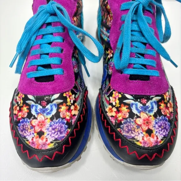 Johnny Was Keya Colorful Embroidered Leather Suede Lace Up Sneakers Size 8.5