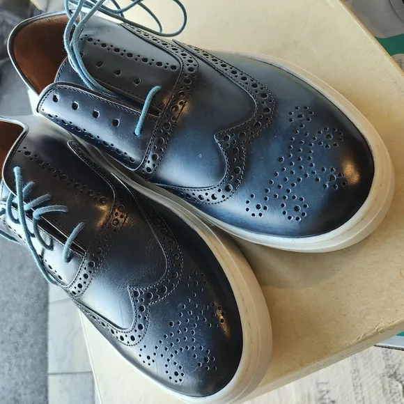 Johnston &amp; Murphy Blue Leather Sneakers with Brogue Detailing