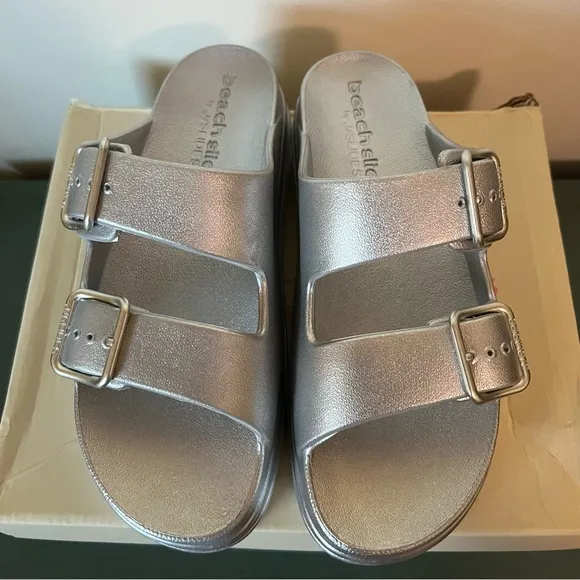 JSlides Beach Slides Silver Metallic Sandals Size 9