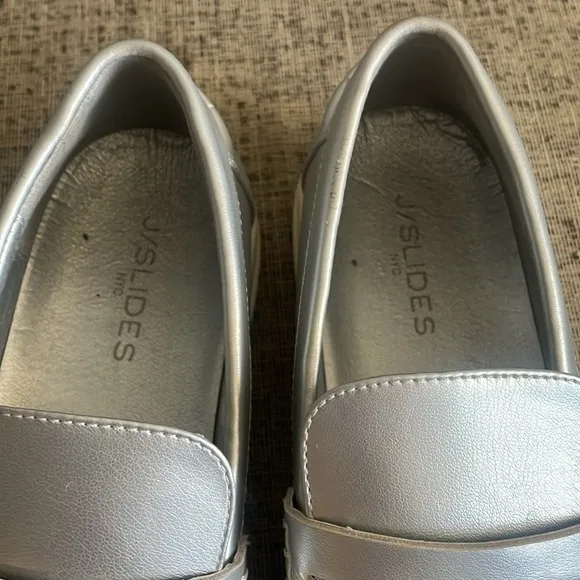 J/Slides Silver Faux Leather Silver Loafers Size 9.5