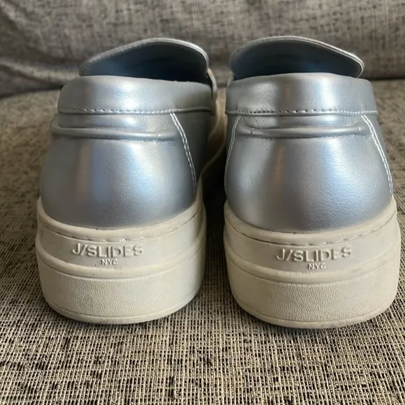 J/Slides Silver Faux Leather Silver Loafers Size 9.5