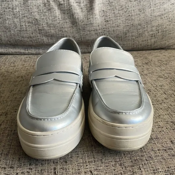 J/Slides Silver Faux Leather Silver Loafers Size 9.5