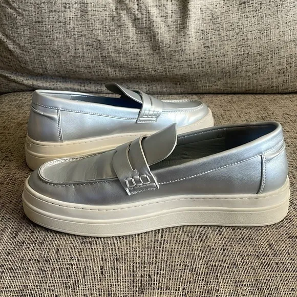 J/Slides Silver Faux Leather Silver Loafers Size 9.5