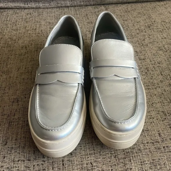 J/Slides Silver Faux Leather Silver Loafers Size 9.5