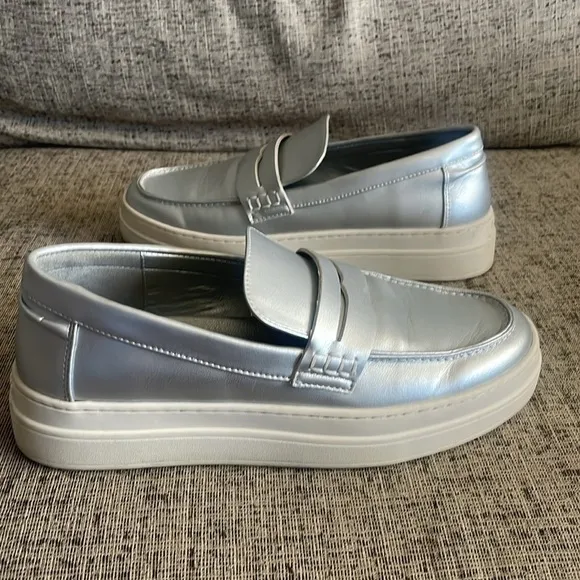 J/Slides Silver Faux Leather Silver Loafers Size 9.5