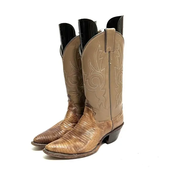 JUSTIN | Vintage 1970s unisex khaki leather reptile skin mid calf cowboy boots