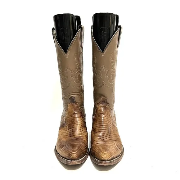 JUSTIN | Vintage 1970s unisex khaki leather reptile skin mid calf cowboy boots