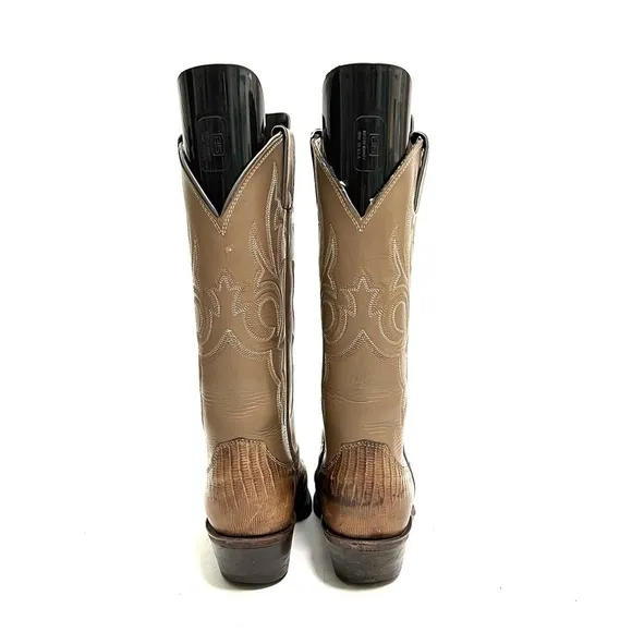 JUSTIN | Vintage 1970s unisex khaki leather reptile skin mid calf cowboy boots