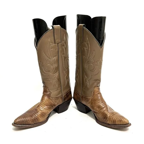 JUSTIN | Vintage 1970s unisex khaki leather reptile skin mid calf cowboy boots