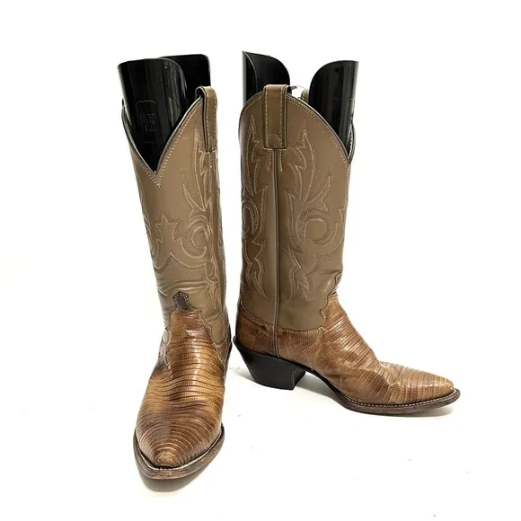 JUSTIN | Vintage 1970s unisex khaki leather reptile skin mid calf cowboy boots
