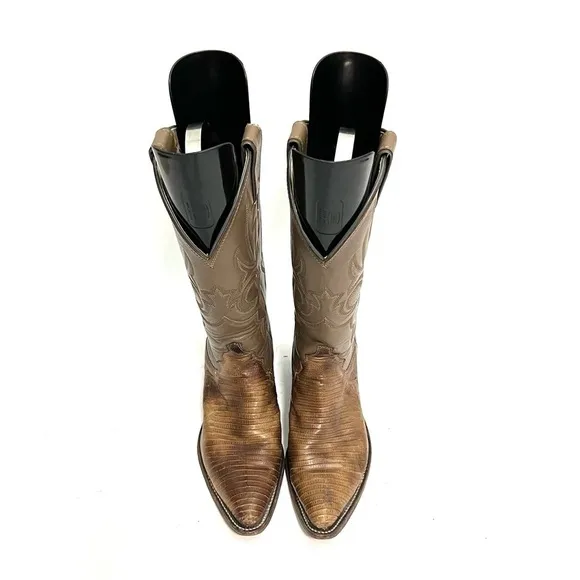 JUSTIN | Vintage 1970s unisex khaki leather reptile skin mid calf cowboy boots