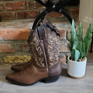 Justin Womens Leather Cowboy Western Boots w/Intricate Stitching Brown Sz 10B