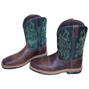 JUSTIN Work Boot BOLT 11&quot; Waterproof Embroidered Green &amp; Brown Men's Size 10.5D
