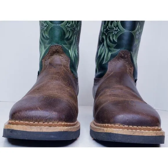 JUSTIN Work Boot BOLT 11&quot; Waterproof Embroidered Green &amp; Brown Men's Size 10.5D