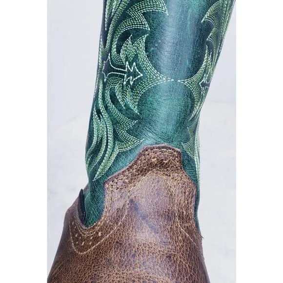 JUSTIN Work Boot BOLT 11&quot; Waterproof Embroidered Green &amp; Brown Men's Size 10.5D