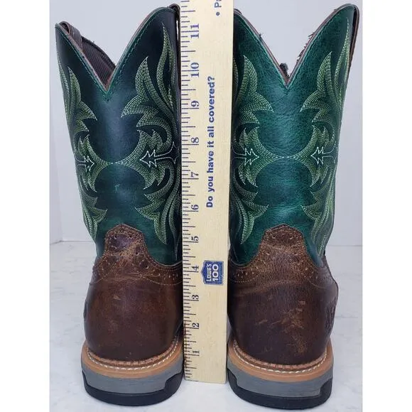 JUSTIN Work Boot BOLT 11&quot; Waterproof Embroidered Green &amp; Brown Men's Size 10.5D