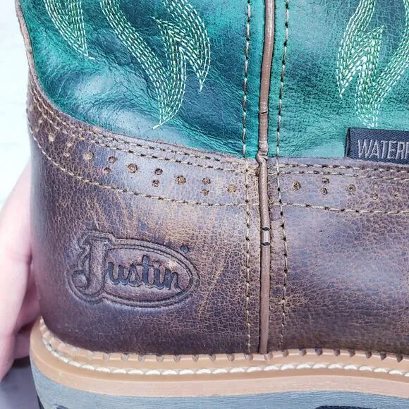 JUSTIN Work Boot BOLT 11&quot; Waterproof Embroidered Green &amp; Brown Men's Size 10.5D