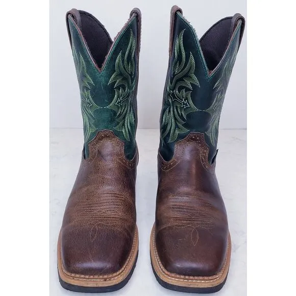 JUSTIN Work Boot BOLT 11&quot; Waterproof Embroidered Green &amp; Brown Men's Size 10.5D