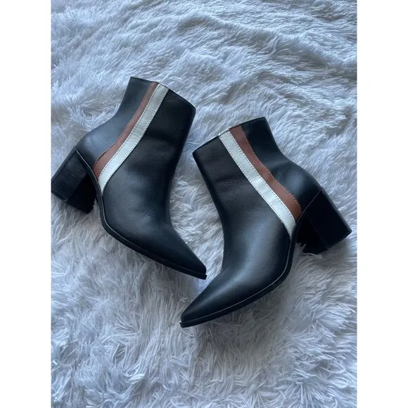 KAANAS Women's Black Leather Ankle Boots With Side Stripes &amp; Block Heel Size 6M