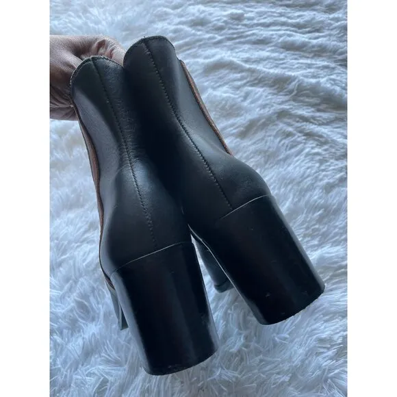 KAANAS Women's Black Leather Ankle Boots With Side Stripes &amp; Block Heel Size 6M