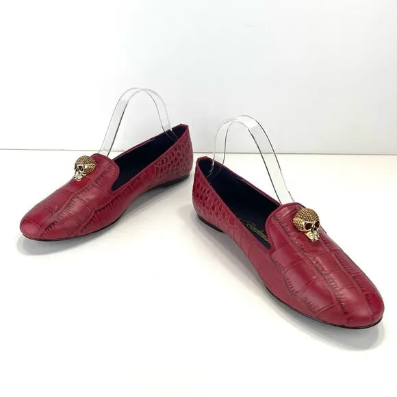 KAREN BECKMANN RED LEATHER ALLIGATOR EMBOSSED LOAFERS W/JEWELED SKULL ACCENT🆕