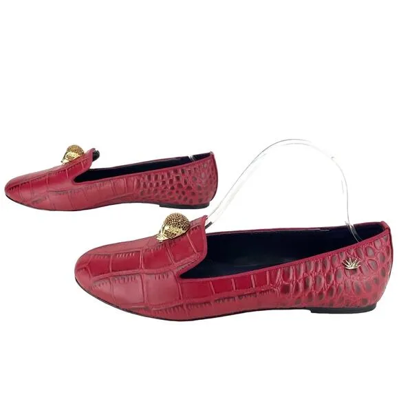 KAREN BECKMANN RED LEATHER ALLIGATOR EMBOSSED LOAFERS W/JEWELED SKULL ACCENT🆕