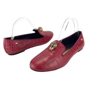 KAREN BECKMANN RED LEATHER ALLIGATOR EMBOSSED LOAFERS W/JEWELED SKULL ACCENT🆕