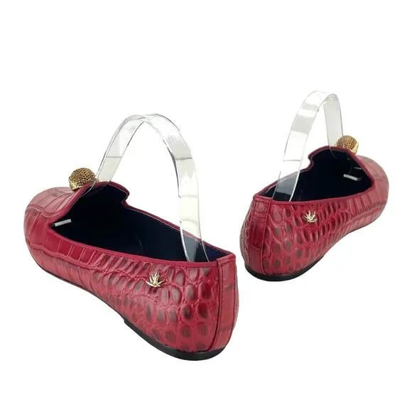 KAREN BECKMANN RED LEATHER ALLIGATOR EMBOSSED LOAFERS W/JEWELED SKULL ACCENT🆕