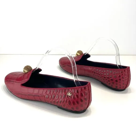 KAREN BECKMANN RED LEATHER ALLIGATOR EMBOSSED LOAFERS W/JEWELED SKULL ACCENT🆕