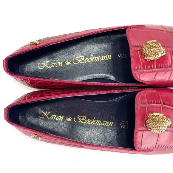 KAREN BECKMANN RED LEATHER ALLIGATOR EMBOSSED LOAFERS W/JEWELED SKULL ACCENT🆕