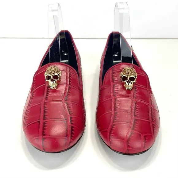 KAREN BECKMANN RED LEATHER ALLIGATOR EMBOSSED LOAFERS W/JEWELED SKULL ACCENT🆕