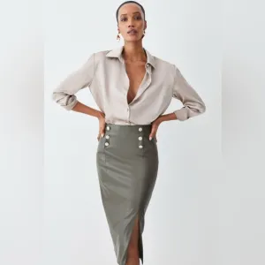 Karen Millen Vegan Military Button Pencil Midi Skirt