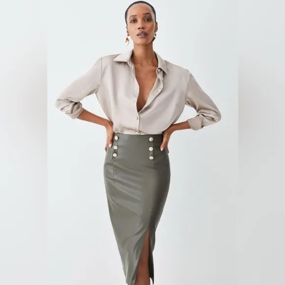 Karen Millen Vegan Military Button Pencil Midi Skirt