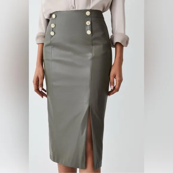 Karen Millen Vegan Military Button Pencil Midi Skirt