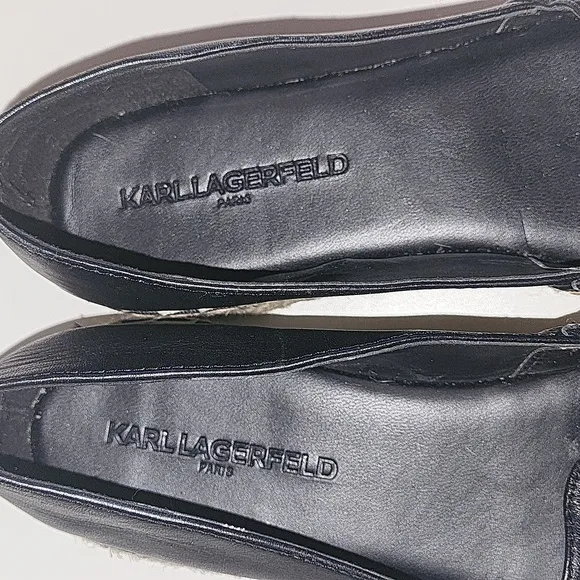 Karl Lagerfeld Paris Moxy slip on espadrilles sz7/ 37.5 black with black chain