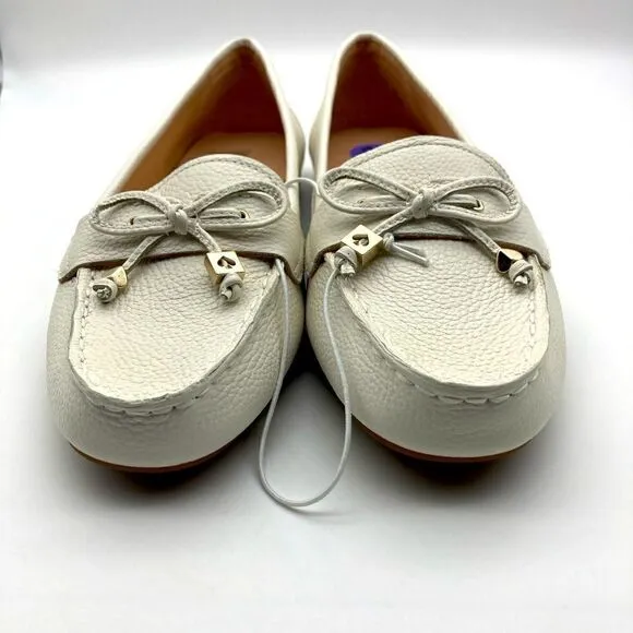 Kate Spade Sheshire Tie White Pebble Leather Bow Loafers Size 8,5B Like New