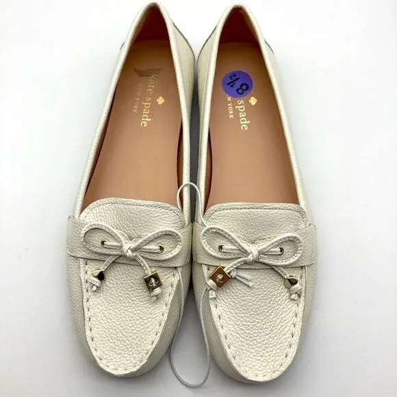 Kate Spade Sheshire Tie White Pebble Leather Bow Loafers Size 8,5B Like New
