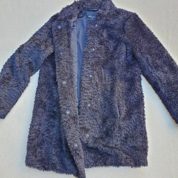 Kenneth Cole New York Black Button Front Teddy Coat