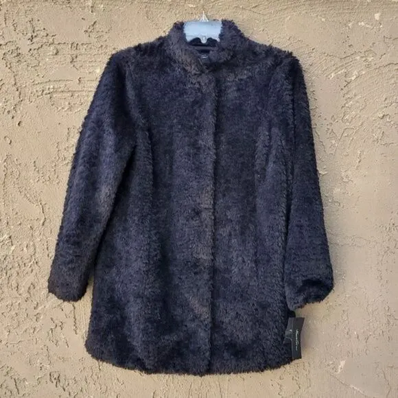 Kenneth Cole New York Black Button Front Teddy Coat